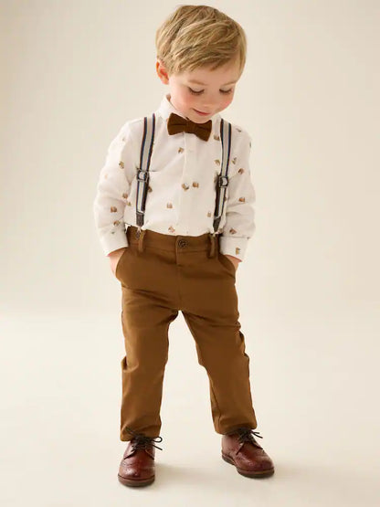|Boy| Conjunto De Camisa, Calça, Suspensório e Gravata-Borboleta (estampa de urso marrom-claro) – (3 meses a 9 anos)