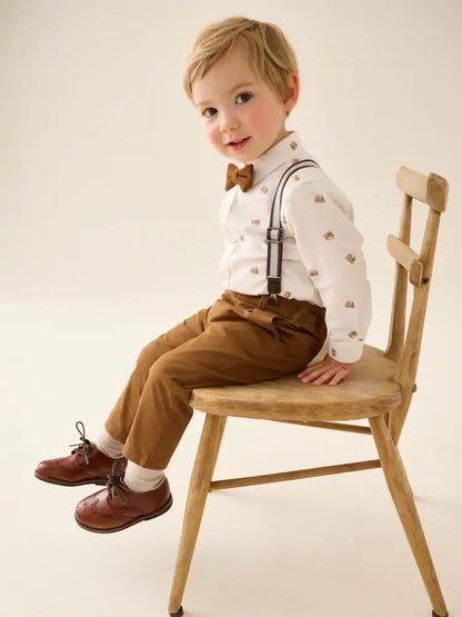 |Boy| Conjunto De Camisa, Calça, Suspensório e Gravata-Borboleta (estampa de urso marrom-claro) – (3 meses a 9 anos)