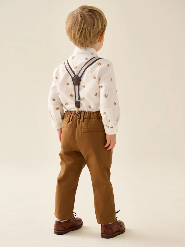 |Boy| Conjunto De Camisa, Calça, Suspensório e Gravata-Borboleta (estampa de urso marrom-claro) – (3 meses a 9 anos)