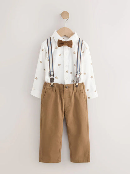 |Boy| Conjunto De Camisa, Calça, Suspensório e Gravata-Borboleta (estampa de urso marrom-claro) – (3 meses a 9 anos)