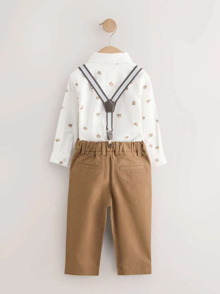 |Boy| Conjunto De Camisa, Calça, Suspensório e Gravata-Borboleta (estampa de urso marrom-claro) – (3 meses a 9 anos)