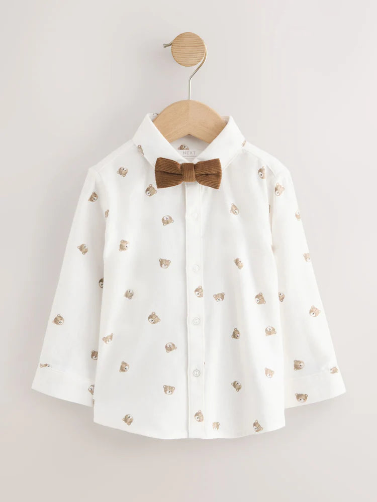 |Boy| Conjunto De Camisa, Calça, Suspensório e Gravata-Borboleta (estampa de urso marrom-claro) – (3 meses a 9 anos)