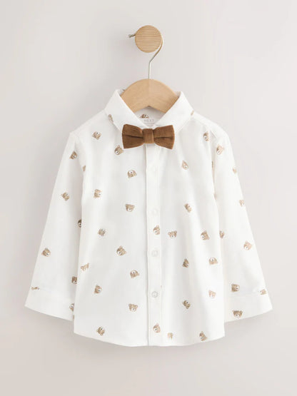 |Boy| Conjunto De Camisa, Calça, Suspensório e Gravata-Borboleta (estampa de urso marrom-claro) – (3 meses a 9 anos)