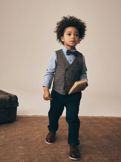 |Boy| Conjunto de Colete Cinza Xadrez Estilo Heritage com Camisa e Gravata-Borboleta (3 meses a 9 anos)