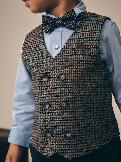 |Boy| Conjunto de Colete Cinza Xadrez Estilo Heritage com Camisa e Gravata-Borboleta (3 meses a 9 anos)