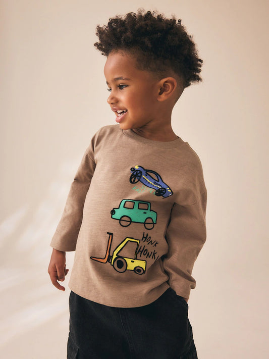 |Boy| Camiseta Marrom De Manga Comprida Com Estampa Nas Costas e Tema De Transporte (3 meses a 7 anos)
