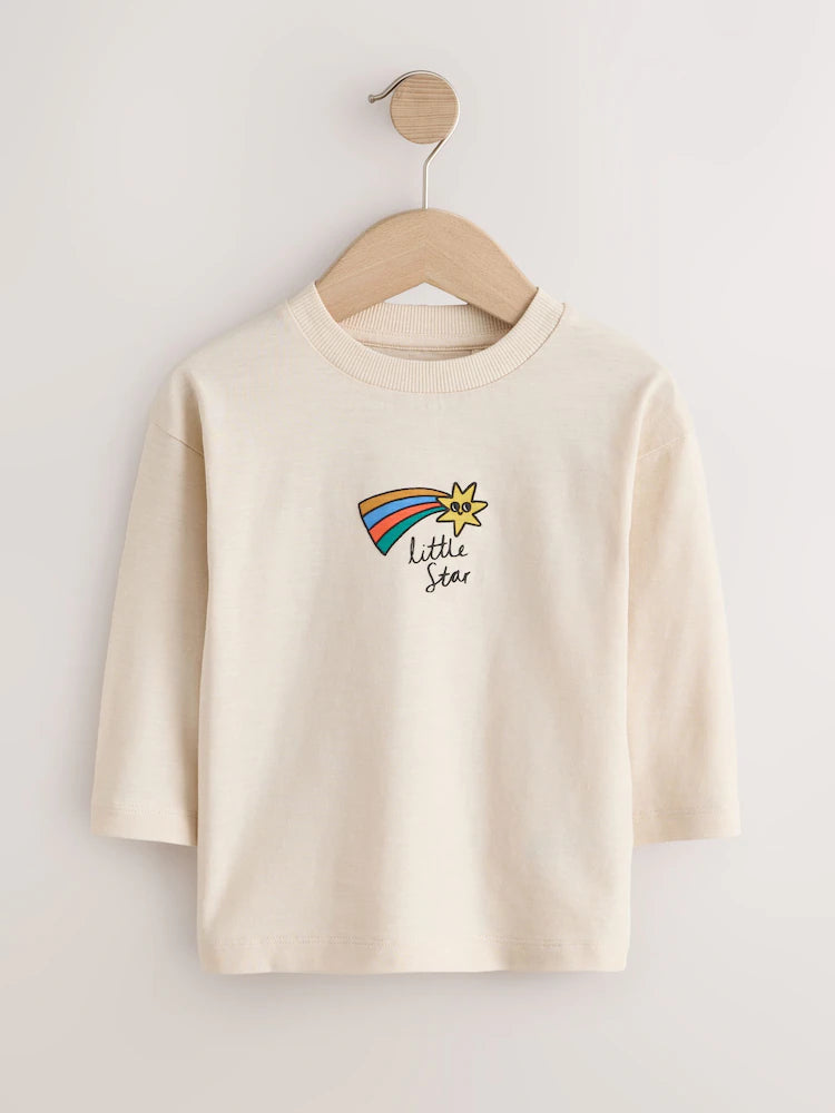 |Boy| Camiseta Creme de Manga Longa com Estampa Pequena "Little Star" (3 meses a 7 anos)