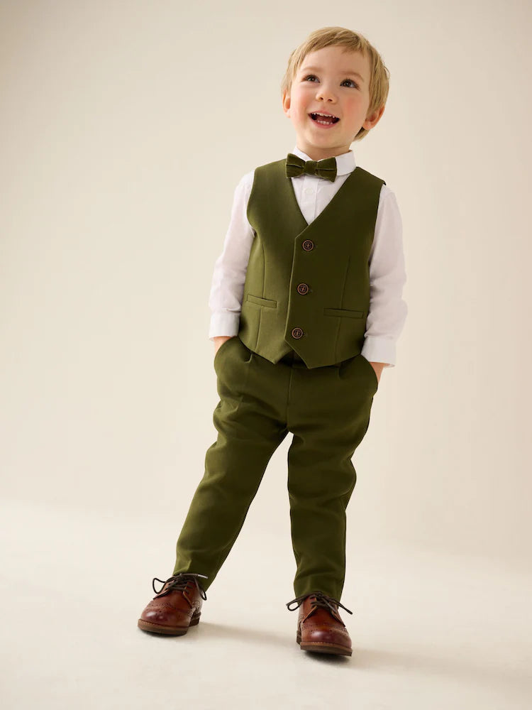 |Boy| Conjunto De Colete, Camisa, Calça e Gravata-Borboleta Verde-Oliva (3 meses a 9 anos)