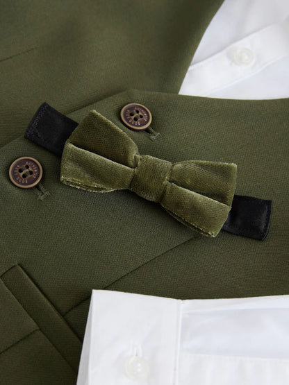 |Boy| Conjunto De Colete, Camisa, Calça e Gravata-Borboleta Verde-Oliva (3 meses a 9 anos)