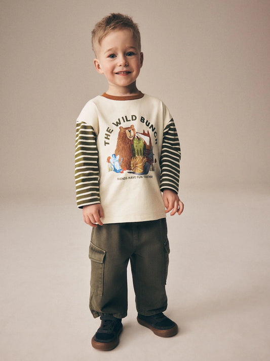 |Boy| Camiseta de Manga Longa com Estampa "Wild Bunch" e Listras de Animais – Tons Neutros (3 meses a 7 anos)