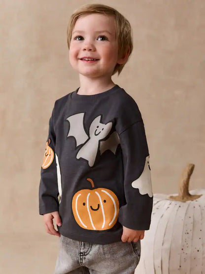 |Boy| Camiseta Manga Longa Cinza-Chumbo com Estampa nas Costas e Personagem de Halloween