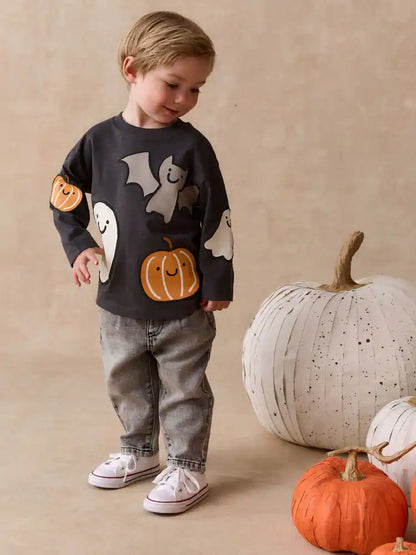 |Boy| Camiseta Manga Longa Cinza-Chumbo com Estampa nas Costas e Personagem de Halloween