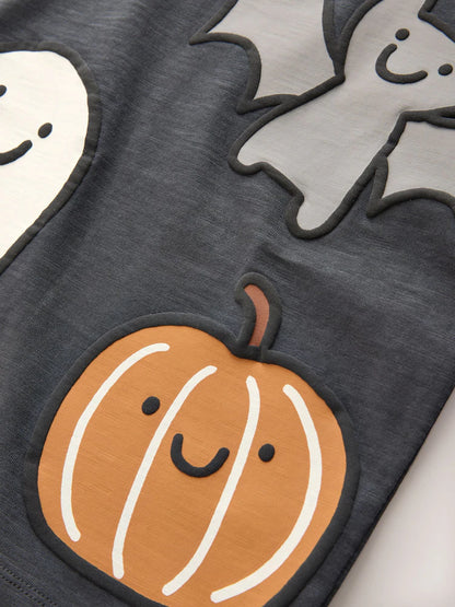 |Boy| Camiseta Manga Longa Cinza-Chumbo com Estampa nas Costas e Personagem de Halloween