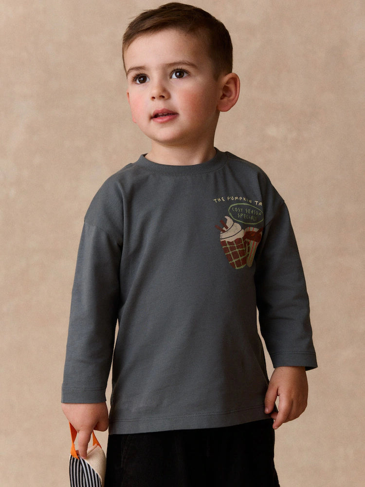 |Boy| Camiseta Manga Longa Cinza-Chumbo com Estampa nas Costas (Caminhão e Abóbora de Outono)