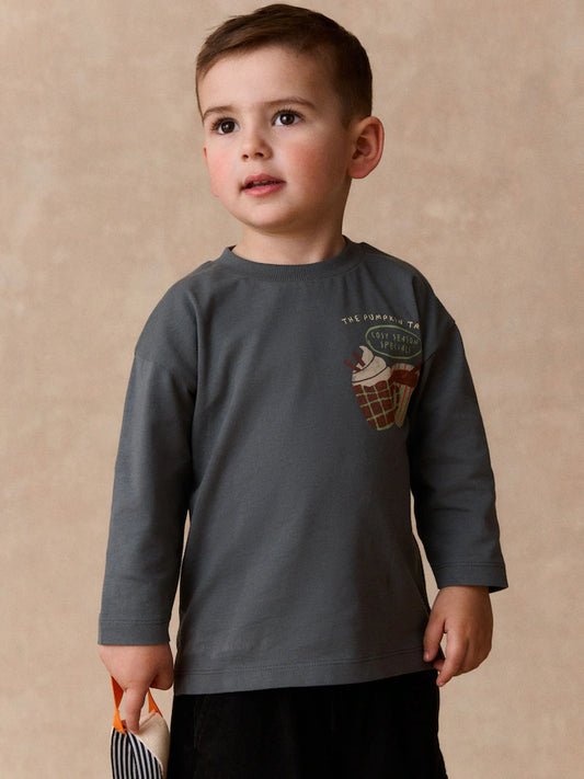 |Boy| Camiseta Manga Longa Cinza-Chumbo com Estampa nas Costas (Caminhão e Abóbora de Outono)