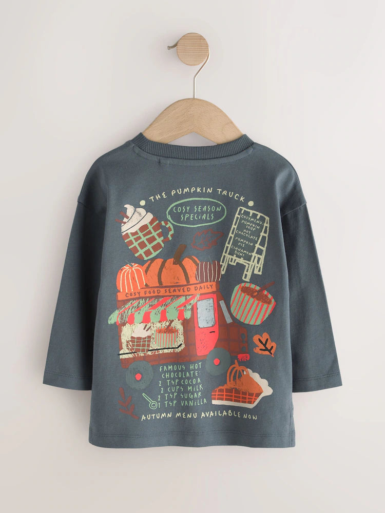 |Boy| Camiseta Manga Longa Cinza-Chumbo com Estampa nas Costas (Caminhão e Abóbora de Outono)