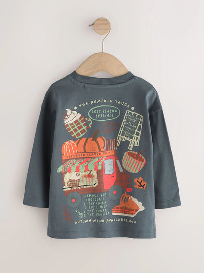 |Boy| Camiseta Manga Longa Cinza-Chumbo com Estampa nas Costas (Caminhão e Abóbora de Outono)
