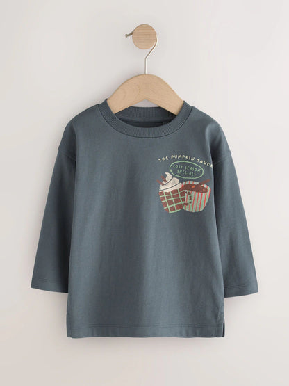 |Boy| Camiseta Manga Longa Cinza-Chumbo com Estampa nas Costas (Caminhão e Abóbora de Outono)