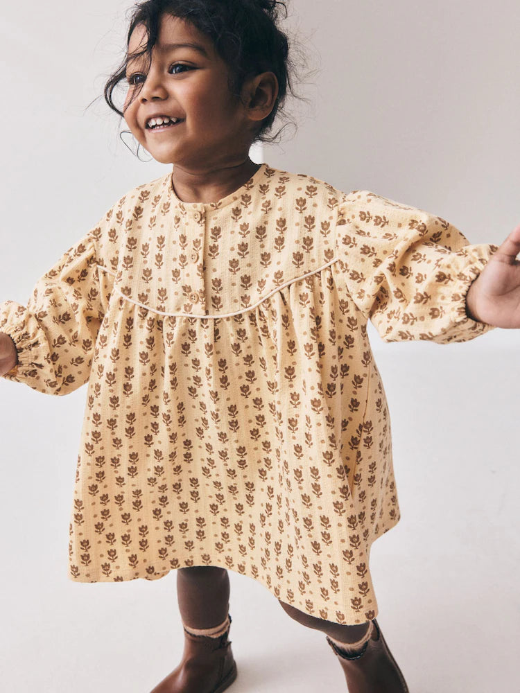 |Girl| Vestido Floral em Tons Neutros com Mangas Longas Bufantes (3 meses a 7 anos)