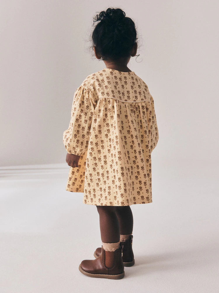 |Girl| Vestido Floral em Tons Neutros com Mangas Longas Bufantes (3 meses a 7 anos)