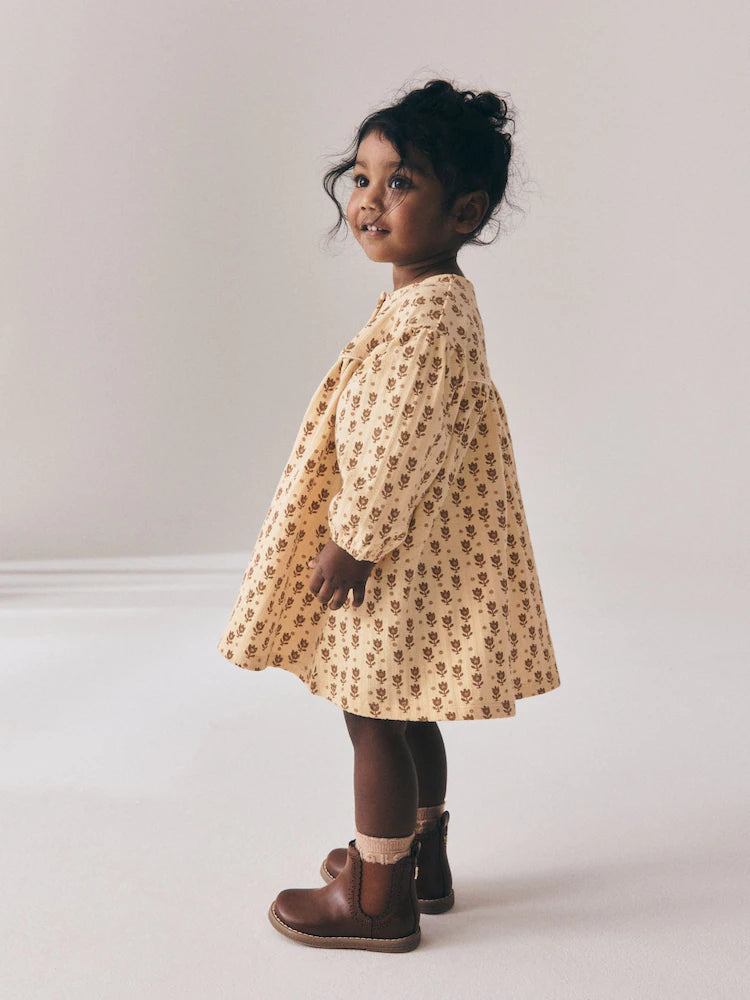 |Girl| Vestido Floral em Tons Neutros com Mangas Longas Bufantes (3 meses a 7 anos)