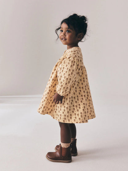 |Girl| Vestido Floral em Tons Neutros com Mangas Longas Bufantes (3 meses a 7 anos)