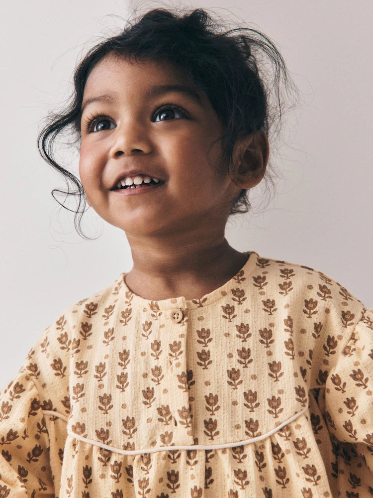 |Girl| Vestido Floral em Tons Neutros com Mangas Longas Bufantes (3 meses a 7 anos)