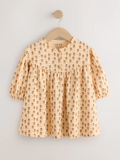 |Girl| Vestido Floral em Tons Neutros com Mangas Longas Bufantes (3 meses a 7 anos)