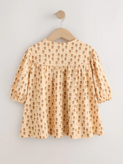 |Girl| Vestido Floral em Tons Neutros com Mangas Longas Bufantes (3 meses a 7 anos)