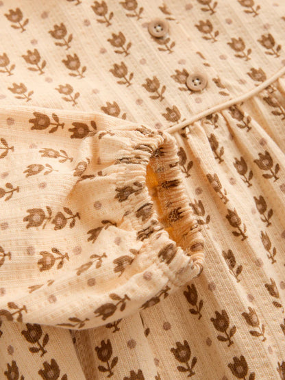 |Girl| Vestido Floral em Tons Neutros com Mangas Longas Bufantes (3 meses a 7 anos)