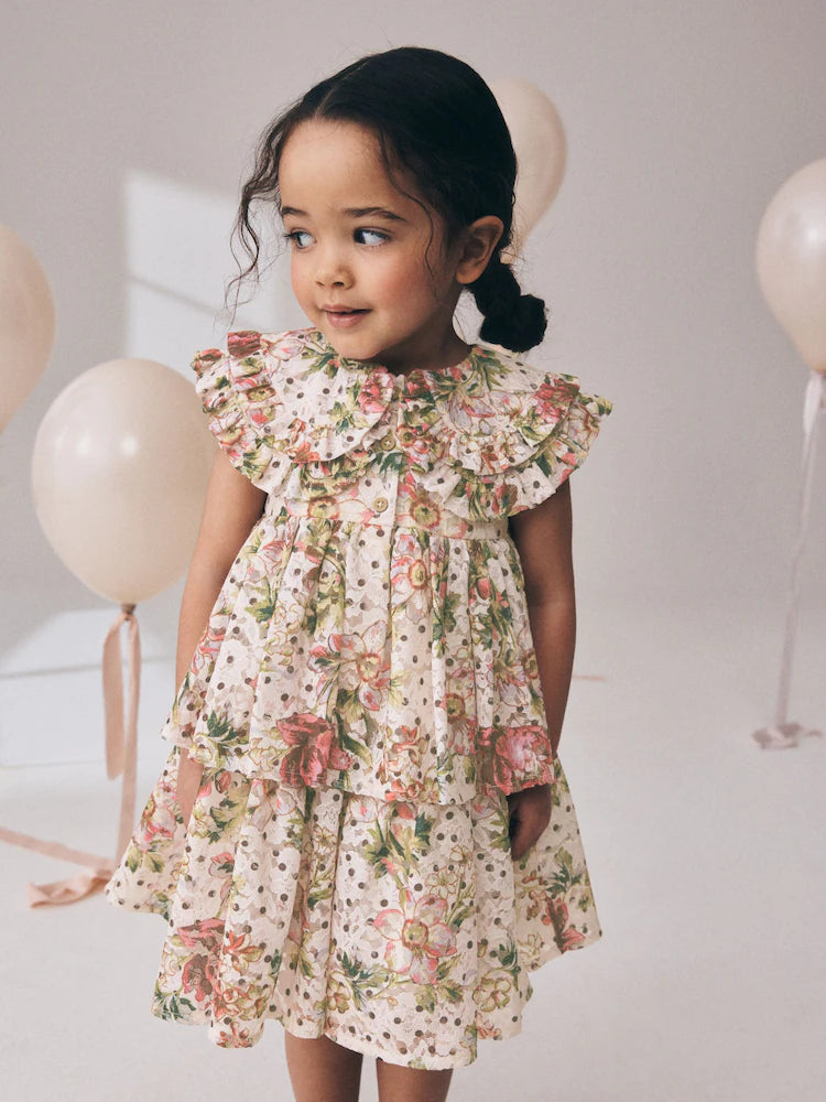 |Girl| Vestido Floral Sem Mangas Com Gola De Renda e Camadas (3 meses a 7 anos)