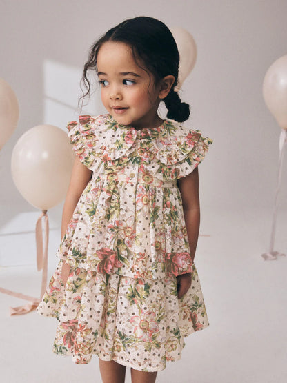 |Girl| Vestido Floral Sem Mangas Com Gola De Renda e Camadas (3 meses a 7 anos)
