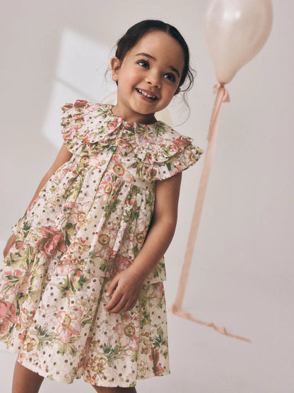 |Girl| Vestido Floral Sem Mangas Com Gola De Renda e Camadas (3 meses a 7 anos)