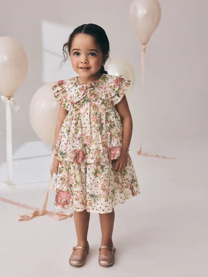 |Girl| Vestido Floral Sem Mangas Com Gola De Renda e Camadas (3 meses a 7 anos)