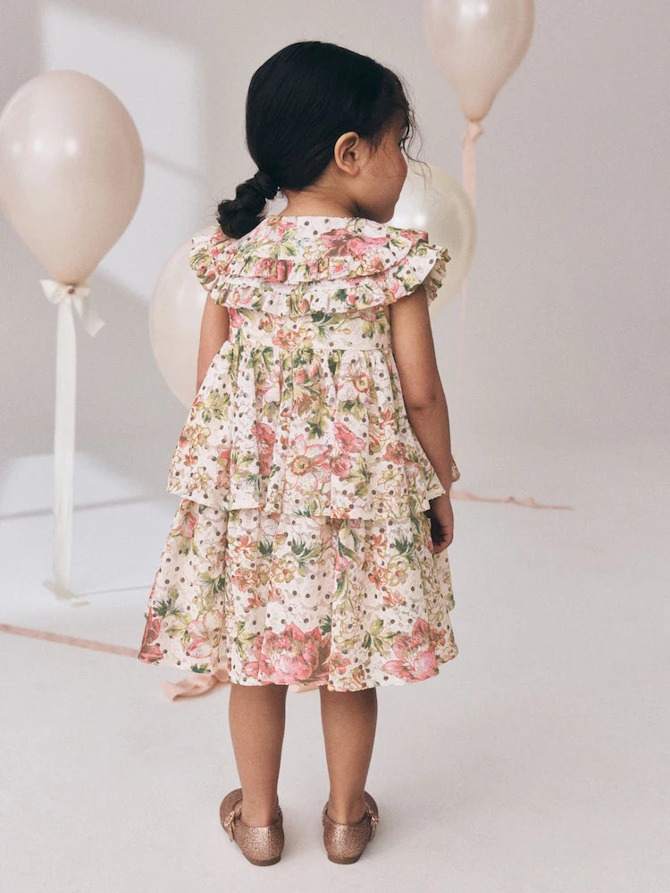 |Girl| Vestido Floral Sem Mangas Com Gola De Renda e Camadas (3 meses a 7 anos)