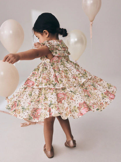 |Girl| Vestido Floral Sem Mangas Com Gola De Renda e Camadas (3 meses a 7 anos)