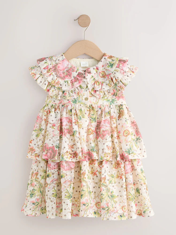 |Girl| Vestido Floral Sem Mangas Com Gola De Renda e Camadas (3 meses a 7 anos)