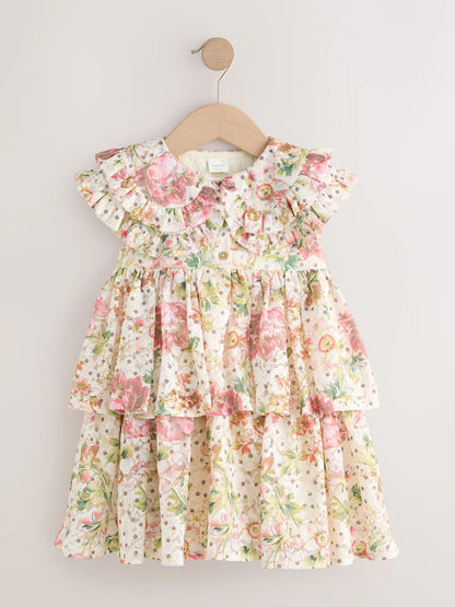 |Girl| Vestido Floral Sem Mangas Com Gola De Renda e Camadas (3 meses a 7 anos)