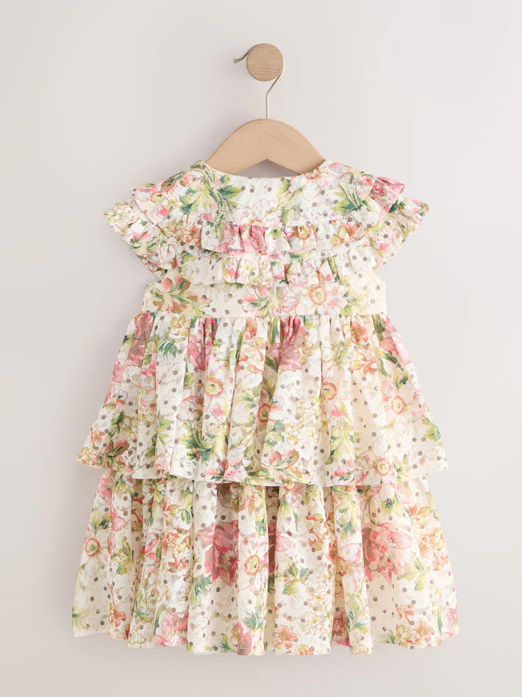 |Girl| Vestido Floral Sem Mangas Com Gola De Renda e Camadas (3 meses a 7 anos)