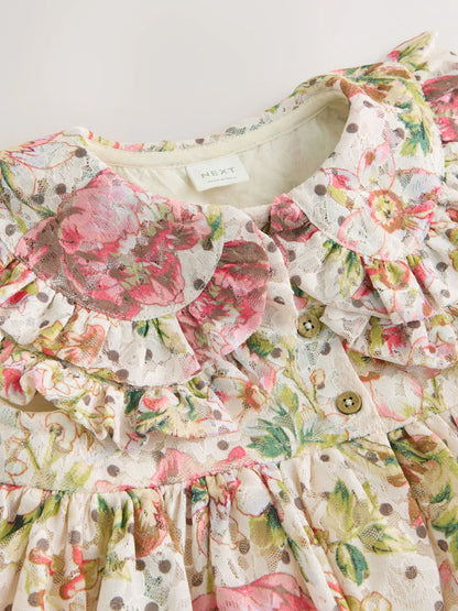|Girl| Vestido Floral Sem Mangas Com Gola De Renda e Camadas (3 meses a 7 anos)