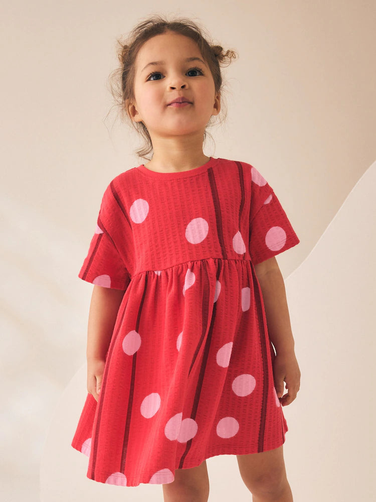 |Girl| Vestido De Malha De Manga Curta Com Estampa De Bolinhas Vermelhas e Rosas (3 meses a 7 anos)