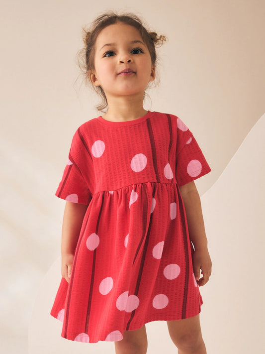 |Girl| Vestido De Malha De Manga Curta Com Estampa De Bolinhas Vermelhas e Rosas (3 meses a 7 anos)