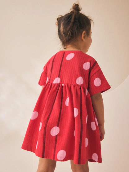 |Girl| Vestido De Malha De Manga Curta Com Estampa De Bolinhas Vermelhas e Rosas (3 meses a 7 anos)