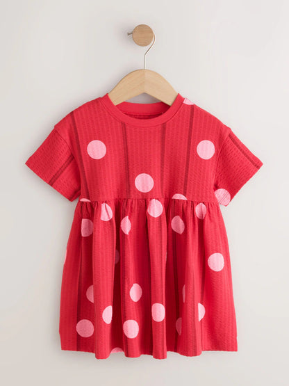 |Girl| Vestido De Malha De Manga Curta Com Estampa De Bolinhas Vermelhas e Rosas (3 meses a 7 anos)