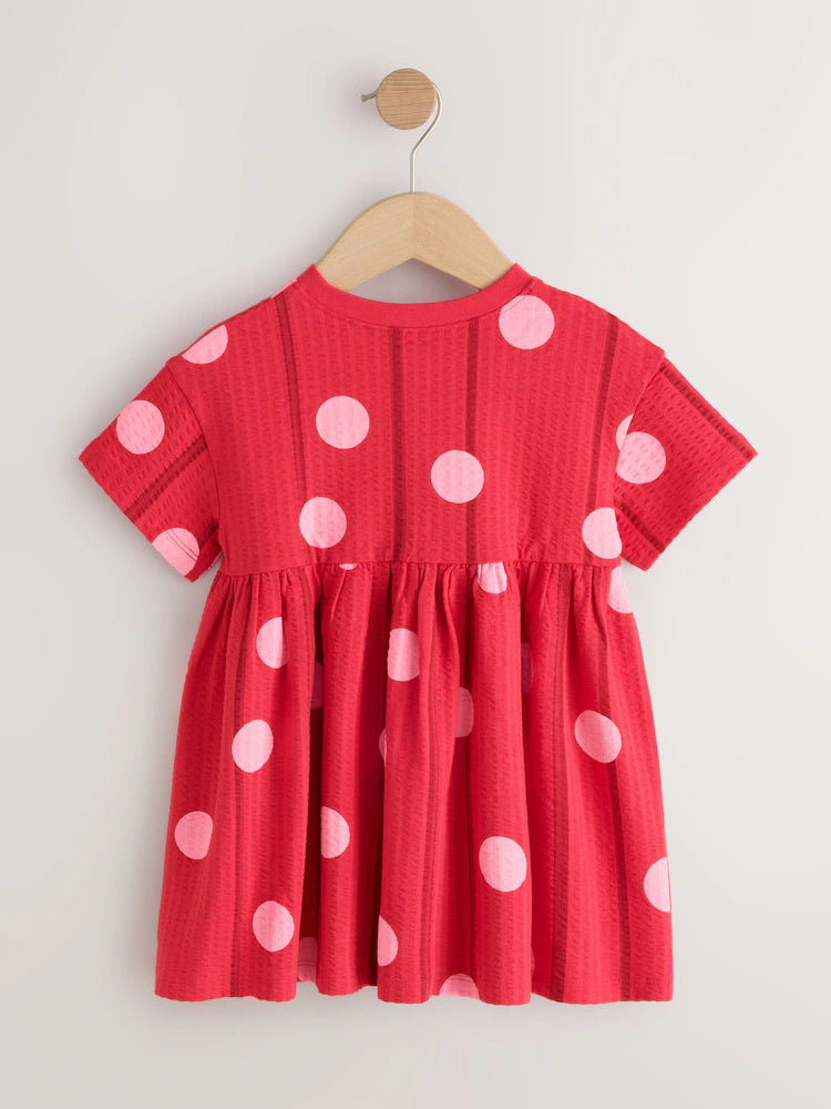 |Girl| Vestido De Malha De Manga Curta Com Estampa De Bolinhas Vermelhas e Rosas (3 meses a 7 anos)