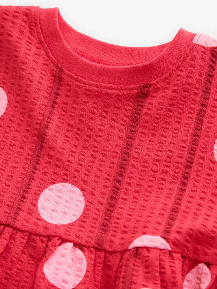 |Girl| Vestido De Malha De Manga Curta Com Estampa De Bolinhas Vermelhas e Rosas (3 meses a 7 anos)
