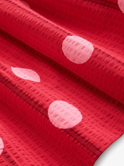 |Girl| Vestido De Malha De Manga Curta Com Estampa De Bolinhas Vermelhas e Rosas (3 meses a 7 anos)