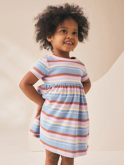 |Girl| Vestido Canelado De Manga Curta Com Listras Azuis e Rosas (3 meses a 7 anos)