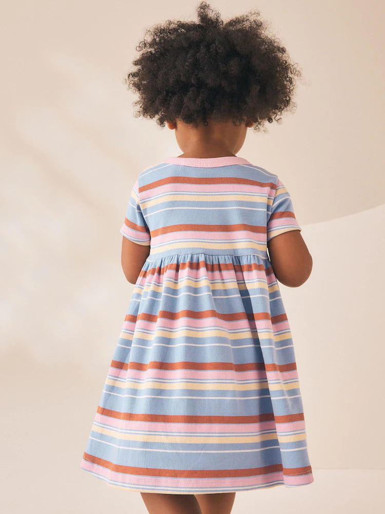 |Girl| Vestido Canelado De Manga Curta Com Listras Azuis e Rosas (3 meses a 7 anos)