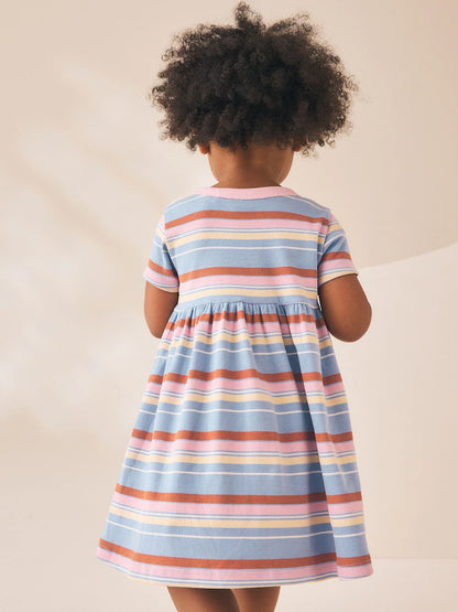 |Girl| Vestido Canelado De Manga Curta Com Listras Azuis e Rosas (3 meses a 7 anos)